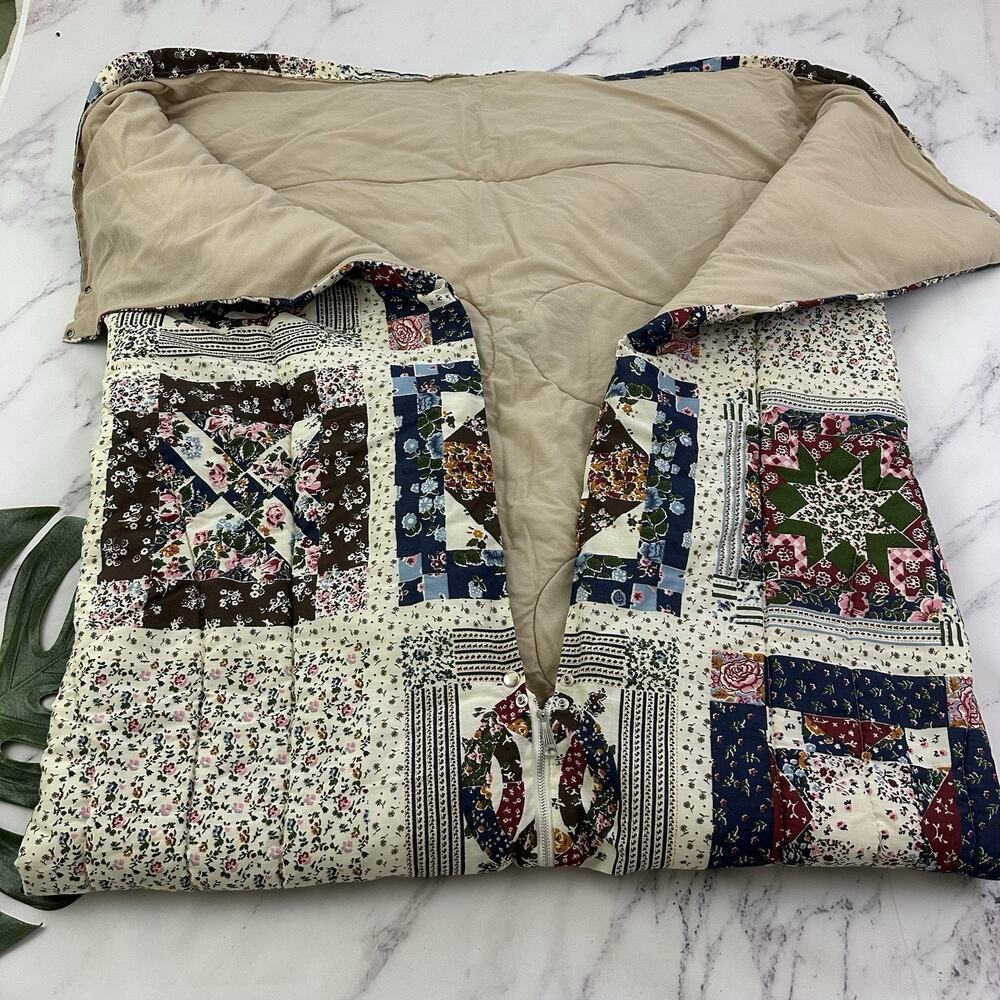 Vintage 80s Handmade Sleeping Bag Quilt Blanket Blue Red Floral Print
